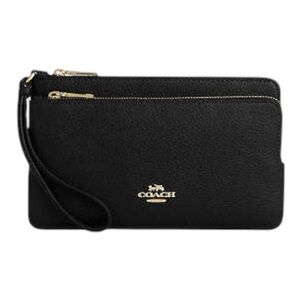 Retail $198 NWT Coach Black Pebble Leather Double Zip Wristlet Gold Hardware